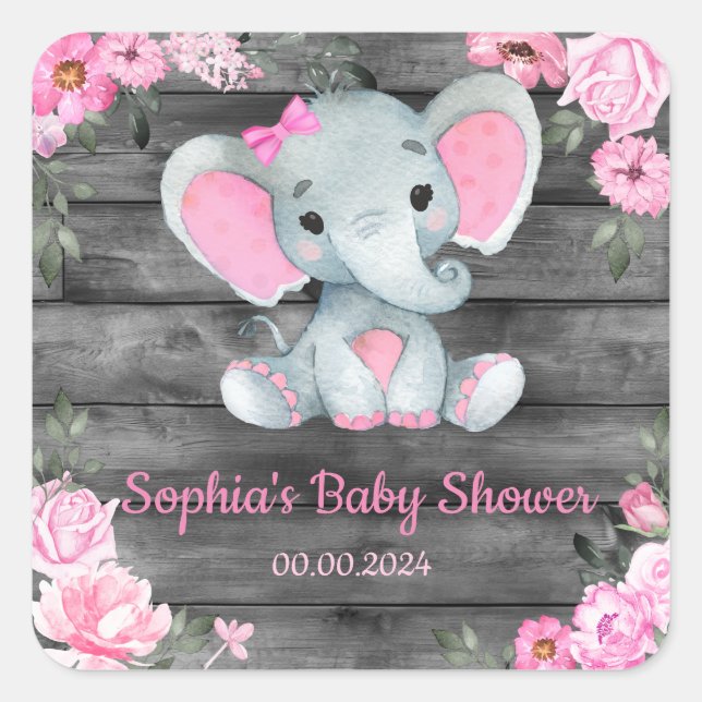 Girl Elephant Dusche Blumenrosa Aufkleber Etikette (Vorderseite)