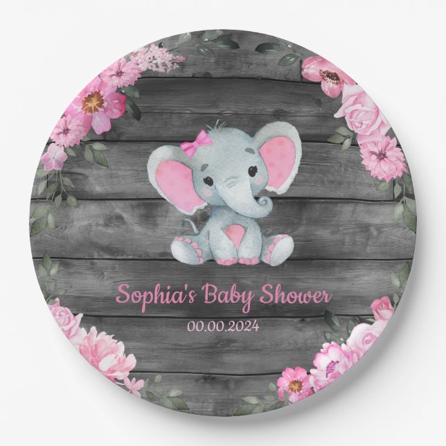 Girl Elephant Dusche Blumenrosa Papier Napkins Pappteller (Vorderseite)