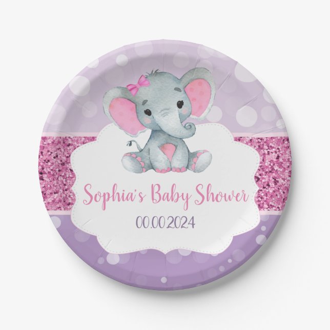 Girl Elephant Dusche Rosa Lila Papier Napkins Pappteller (Vorderseite)