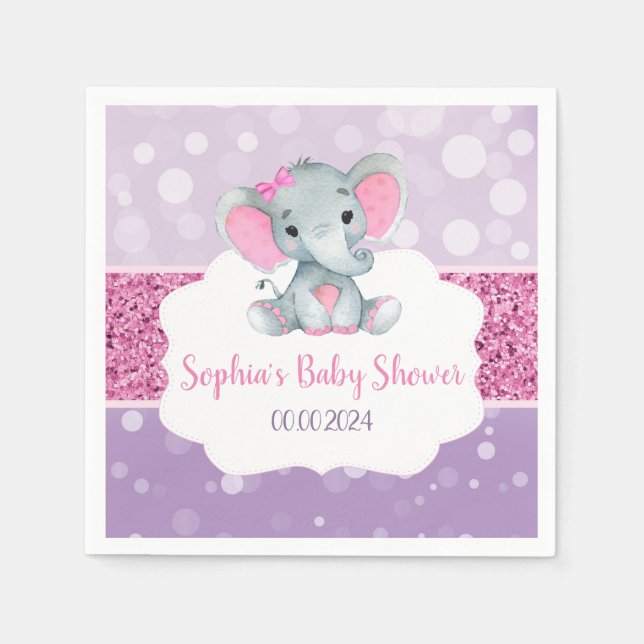 Girl Elephant Dusche Rosa Lila Papier Napkins Serviette (Vorderseite)