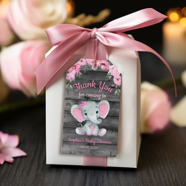 Girl Elephant Duwer Blumenpinke Geschenktasten für Geschenkanhänger (Floral Pink Girl Elephant Thank You Favor Tags)