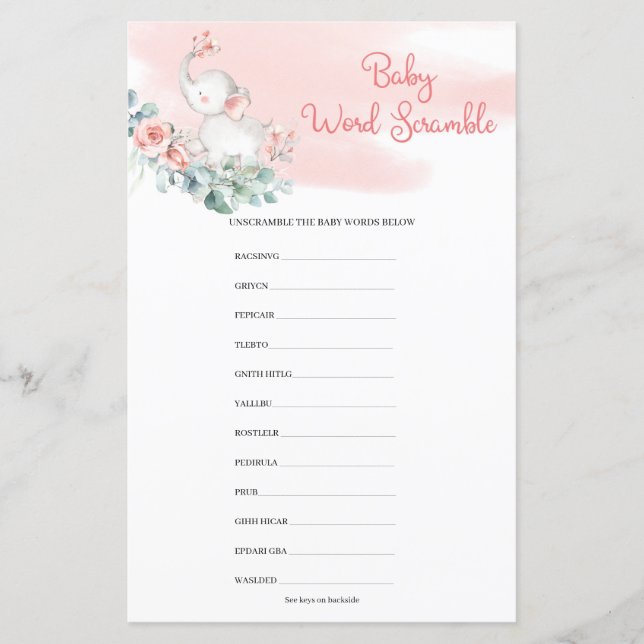 Girl Elephant Eucalyptus Wreath Baby Word Scramble (Vorderseite)