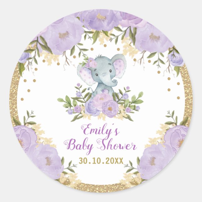 Girl Elephant Lila Gold Blume Babydusche Runder Aufkleber (Vorderseite)