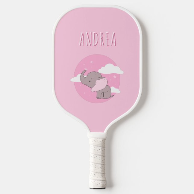 Girl Elephant Niedlich Pink Dreamy Clouds Kinder N Pickleball Schläger (Vorderseite)