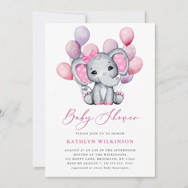 Girl Elephant Pink Ballon Script Niedlich Baby Dus Einladung (Vorderseite)