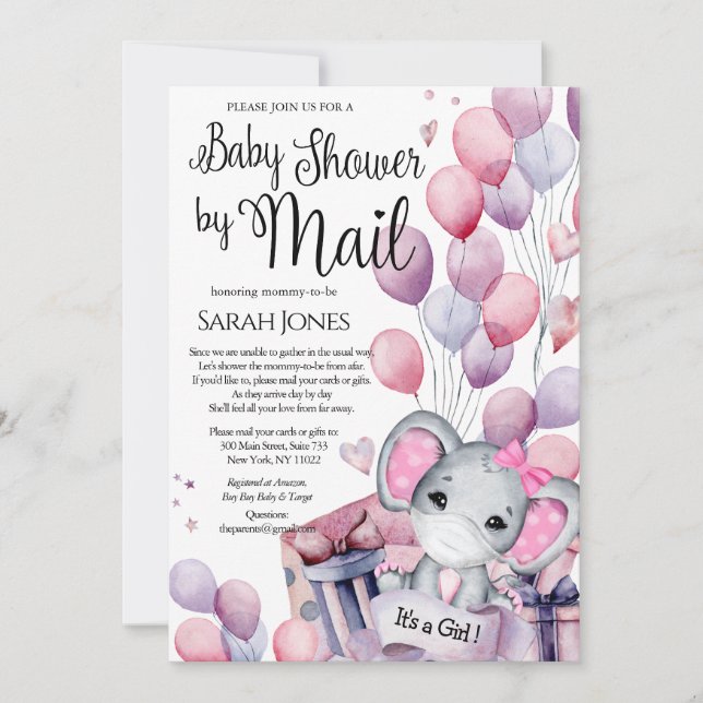 Girl Elephant Pink Balloons Baby Dusche von Mail Einladung (Vorderseite)
