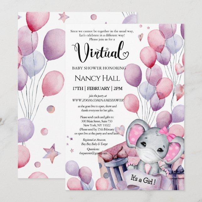 Girl Elephant Pink Balloons Virtual Baby Dusche Einladung (Vorne/Hinten)