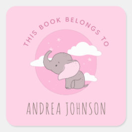 Girl Elephant Pink Dreamy Clouds Kinder Buchzeiche Quadratischer Aufkleber
