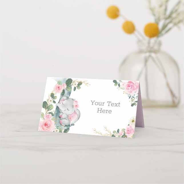 Girl Elephant Pink Floral Rose Food Label Platzkarte (Vorderseite)