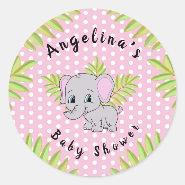 Girl Elephant Pink Polka Dot Baby Duschtiere Runder Aufkleber (Vorderseite)