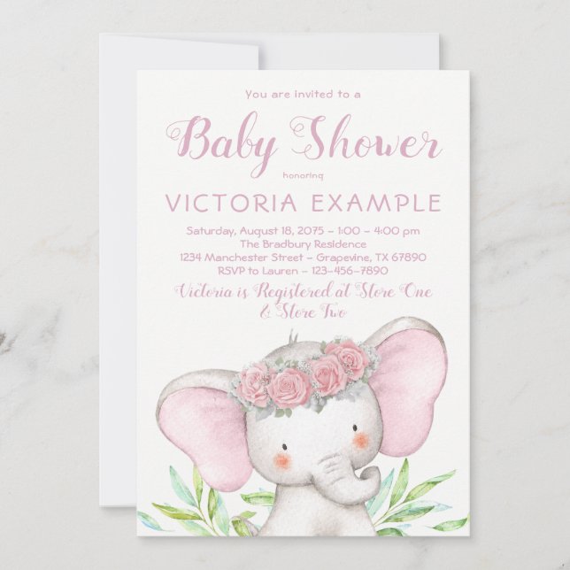 Girl Elephant Pink Rose Wasserfarbe Kinderdusche Einladung (Vorderseite)