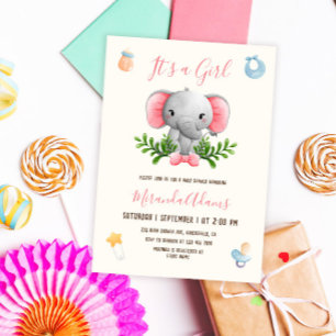 Girl Elephant Pink Watercolor Babydusche Einladung