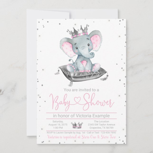 Girl Elephant Princess Baby Shower Einladung (Vorderseite)