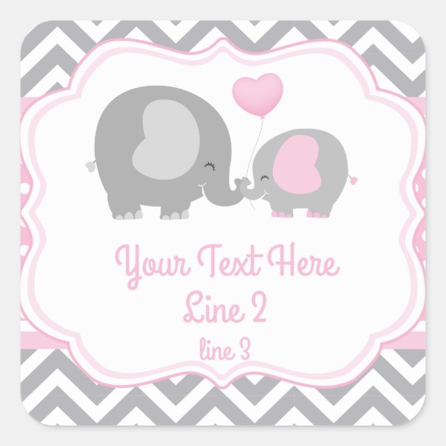 Girl Elephant, rosa, graue Etikett Quadratischer Aufkleber (Vorderseite)