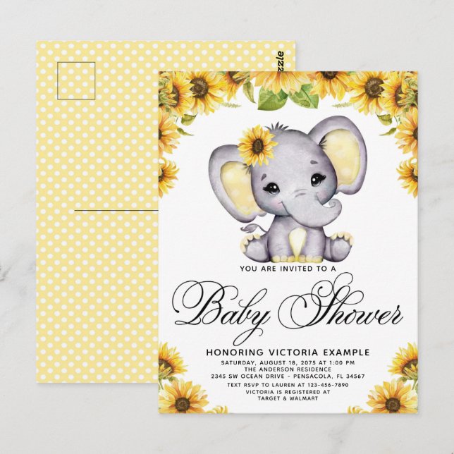 Girl Elephant Sonnenblume Kinderdusche Einladung Postkarte (Vorne/Hinten)
