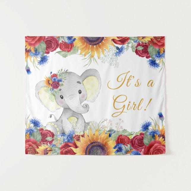 Girl Elephant Sonnenblumendusche Hintergrund Wandteppich (Vorderseite (Horizontal))