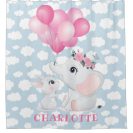 Girl Elephant und Bunny mit Blume und Ballon Duschvorhang