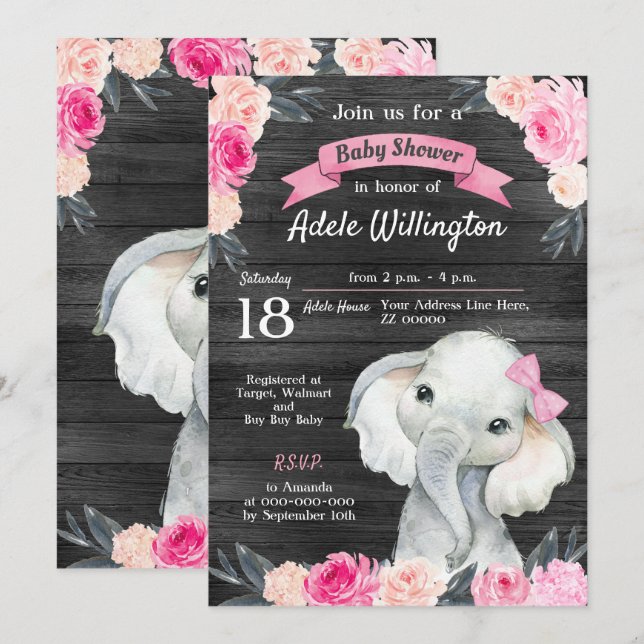 Girl Elephant Wasserfarbe Blumenrosa Rosen Holz Einladung (Vorne/Hinten)