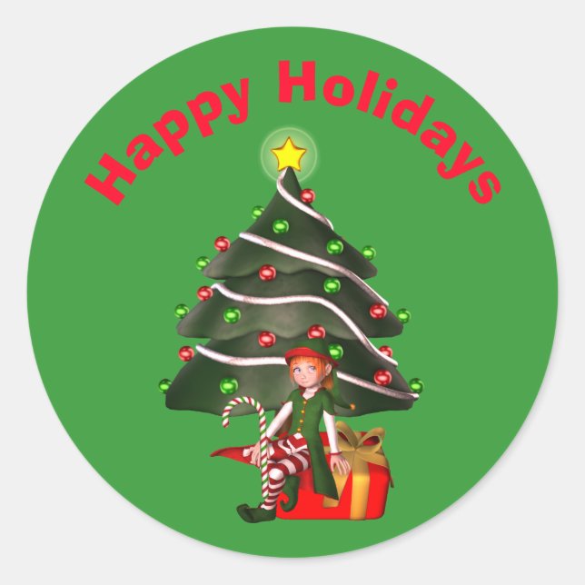 Girl Elf Christmas Tree Holiday  Runder Aufkleber (Vorderseite)