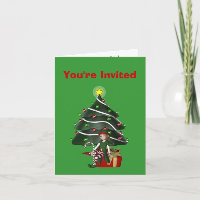 Girl Elf Tree Weihnachtsfeier Einladung (Vorderseite)