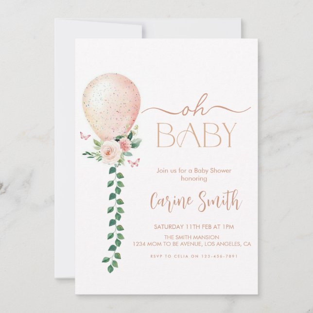 Girl Eucalyptus Greenery Balloon Baby Shower Einladung (Vorderseite)
