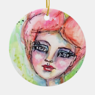 Girl Fairy Watercolor Farbenfroh Whimsistisch Keramikornament