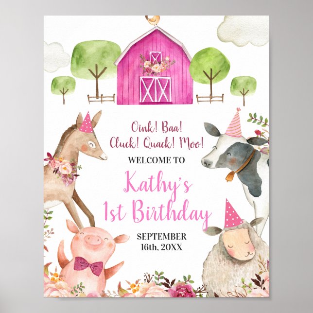 Girl Farm Animals Barnyard 1. Geburtstag Willkomme Poster (Vorne)