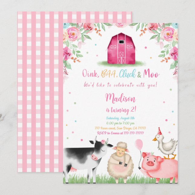 Girl Farm Birthday Einladung (Vorne/Hinten)
