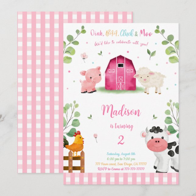 Girl Farm Birthday Einladung (Vorne/Hinten)