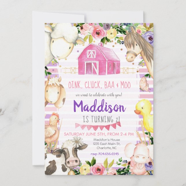 Girl Farm Birthday Einladung pink und lila (Vorderseite)