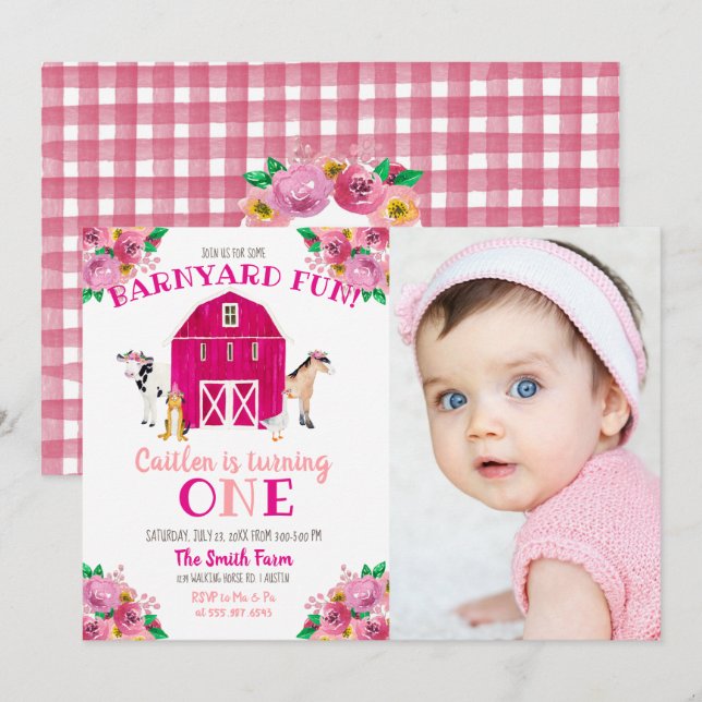Girl Farm Pink Barnyard Birthday Bash Kuh Pferd Einladung (Vorne/Hinten)