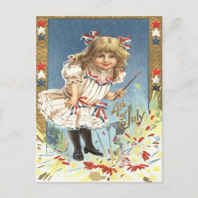 Girl Fireworks Firecracker Stars & Streifen Postkarte (Vorderseite)