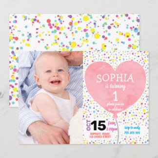 Girl First Birthday Confetti Herzballon Foto Einladung