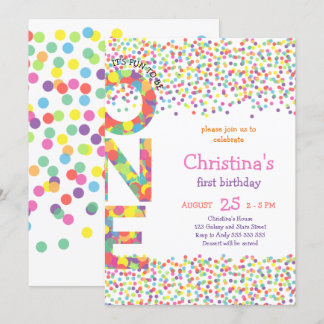 Girl First Birthday Confetti Rainbow Niedlich Einladung