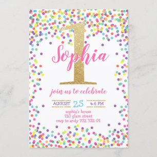 Girl First Birthday farbenfrohe Confetti Goldnumme Einladung