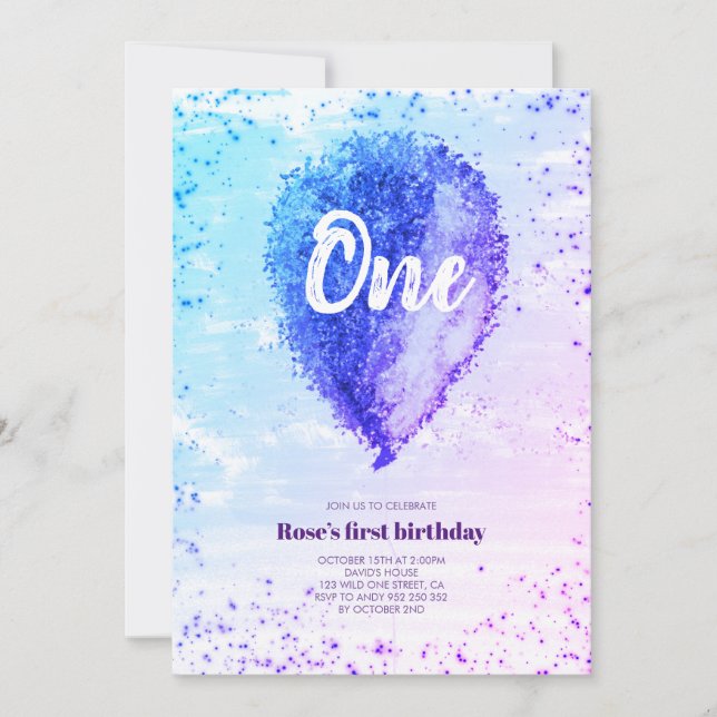 Girl First Birthday Glitzer Ombre Balloon Einladung (Vorderseite)