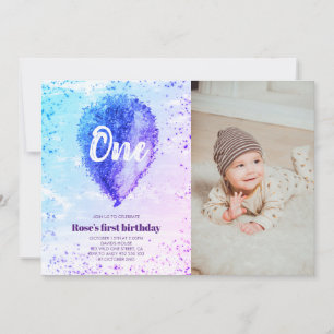 Girl First Birthday Glitzer Ombre Balloon Foto Einladung