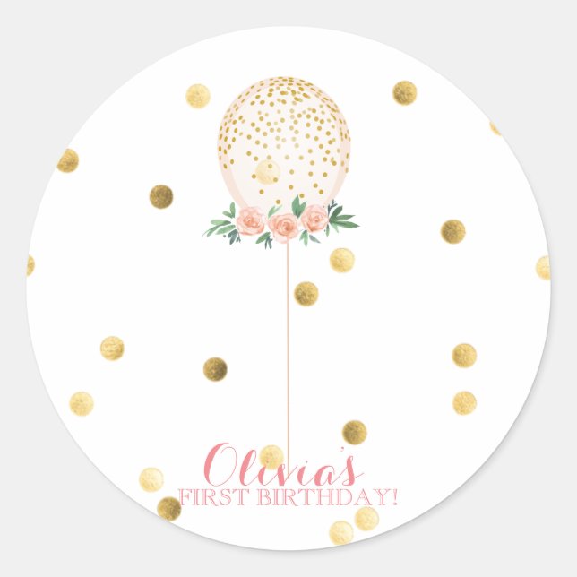 Girl First Birthday Gold Ballon Aufkleber (Vorderseite)