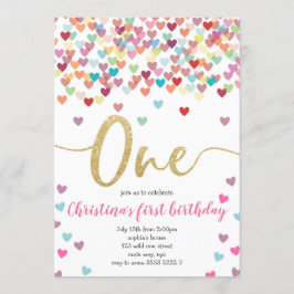 Girl First Birthday Hearts Rainbow Dusche Glitzer Einladung