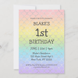 Girl First Birthday Mermaid Rainbow Einladung
