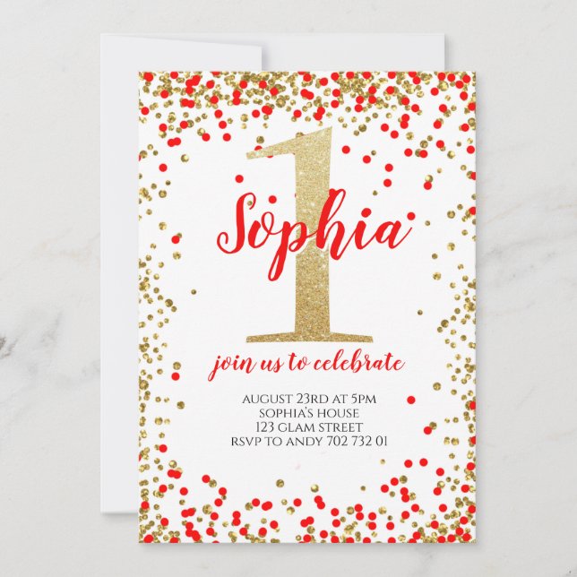 Girl First Birthday Red Gold Number Confetti Einladung (Vorderseite)