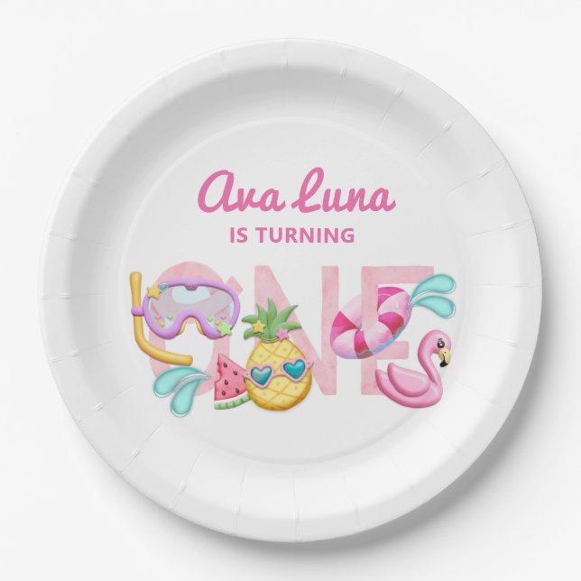 Girl First Birthday Summer Beach Party Pappteller (Vorderseite)