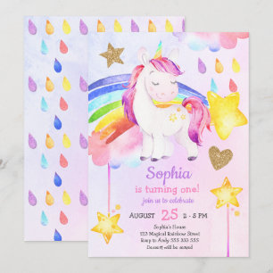 Girl First Birthday Unicorn Regenbogen Wasserfarbe Einladung