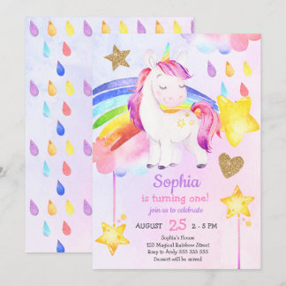 Girl First Birthday Unicorn Regenbogen Wasserfarbe Einladung