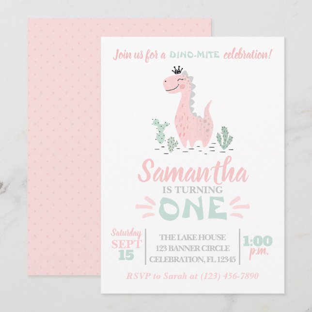 Girl First Birthday Watercolor Dinosaurier Einladu Einladung (Vorne/Hinten)
