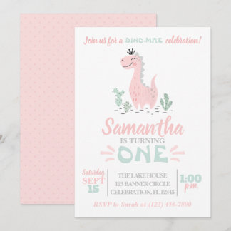Girl First Birthday Watercolor Dinosaurier Einladu Einladung