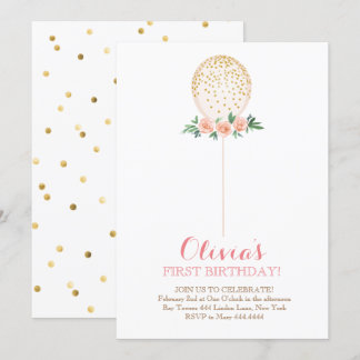 Girl First Birthday Watercolor Gold Ballon Einladung