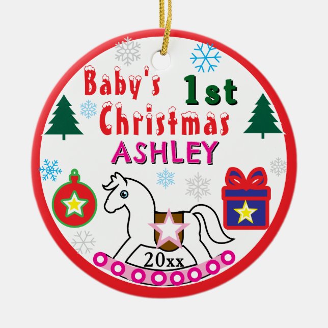 Girl First Christmas PHOTO White Horse  Keramik Ornament (Vorne)