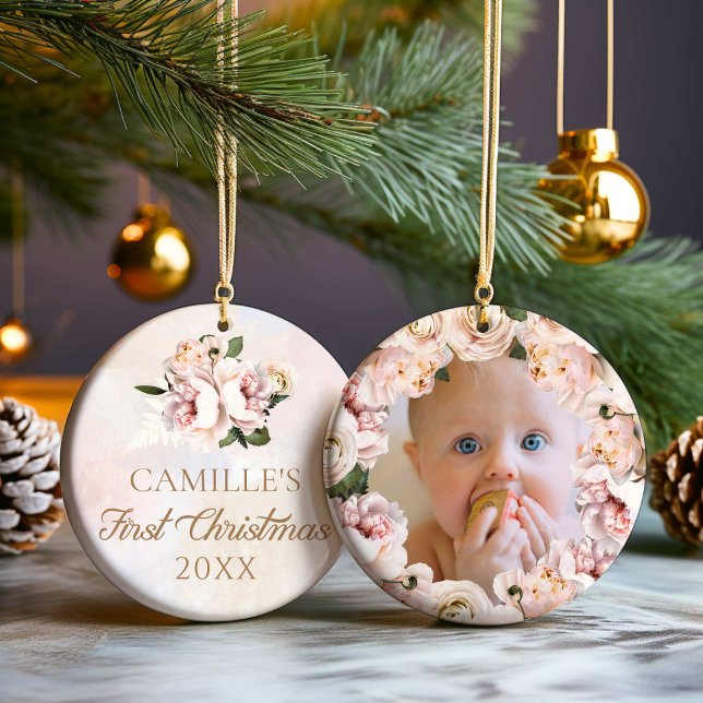 Girl First Christmas Pink Floral Foto Keramik Ornament (Personalized 1st Christmas Girl Floral Photo Ornament)