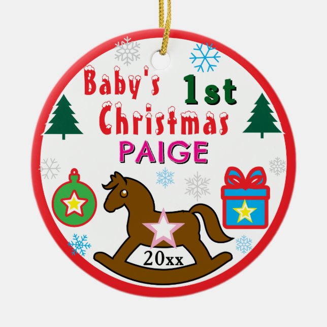 Girl First Christmas Rocking Horse INSERT PHOTO Keramik Ornament (Vorne)